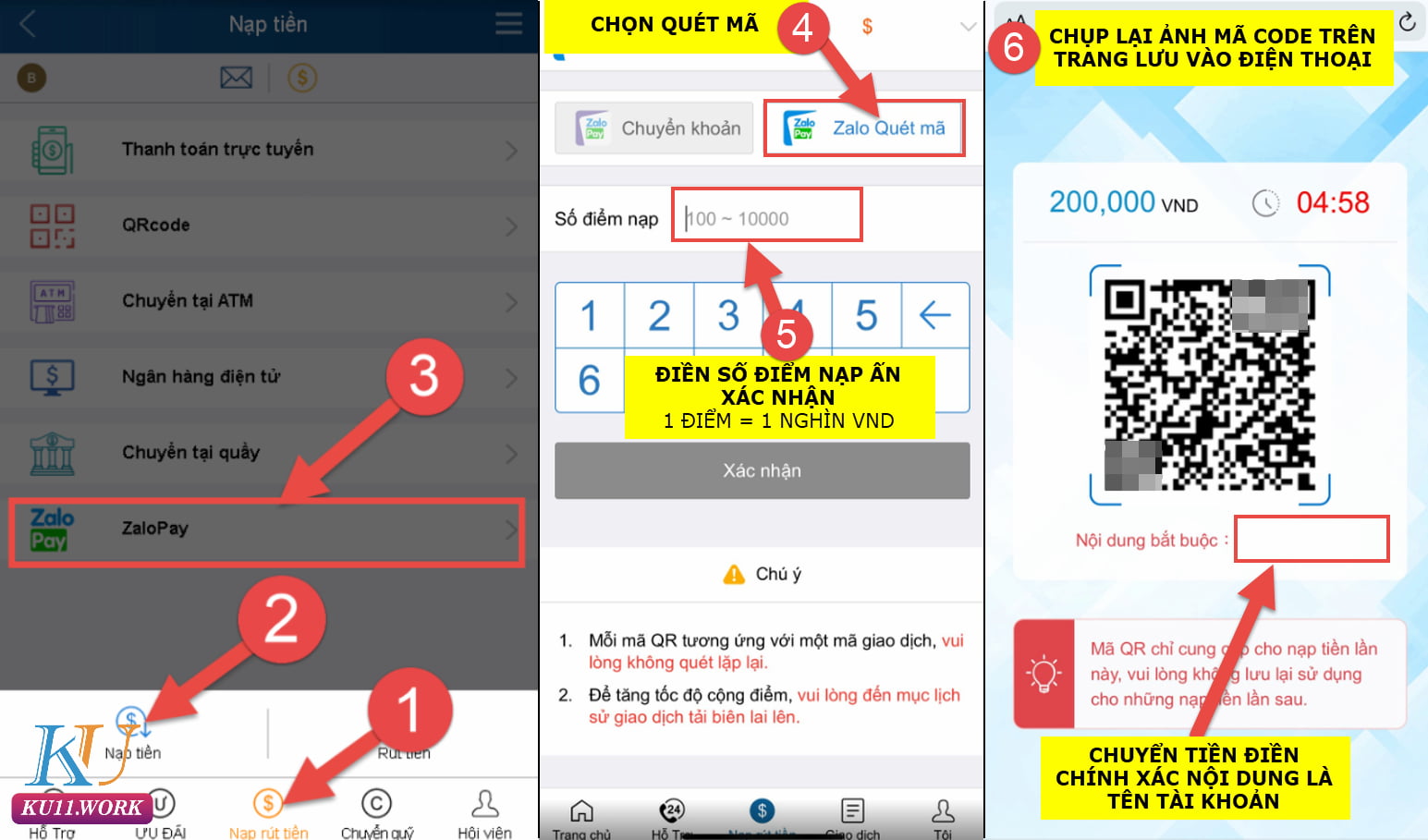 Nạp tiền vào tài khoản Ku11 qua Zalopay