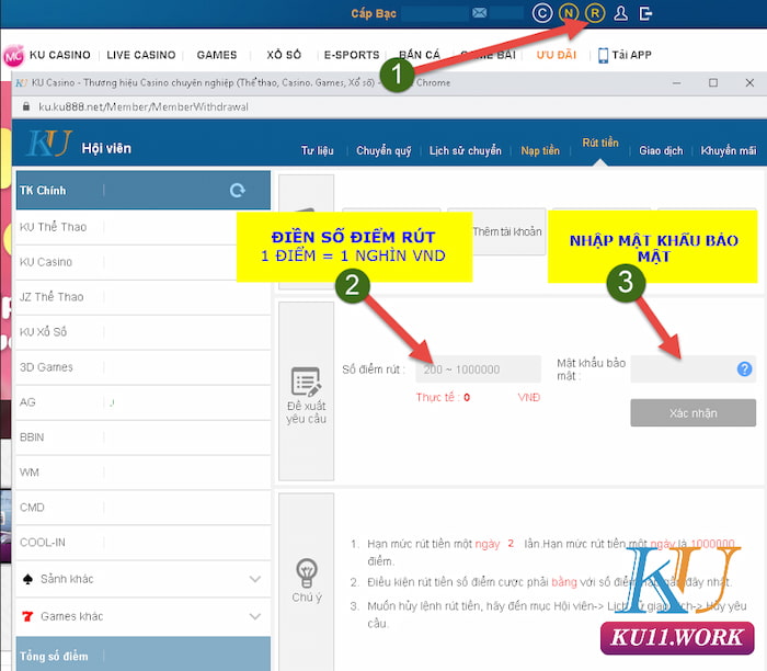 Cách rút tiền tại sân chơi Ku11 khi sử dụng máy tính